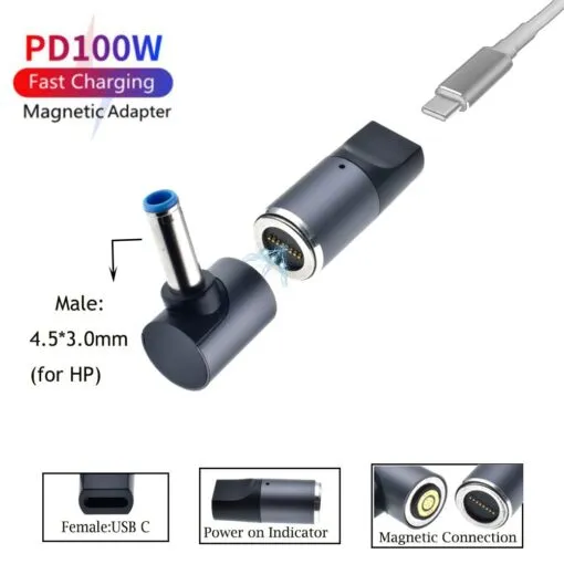 100W Magnetic Plug Connector Type C USB C To 4.5x3.0mm Dc Power Jack Laptop Charger Converter For Pavilion Envy Elitebook