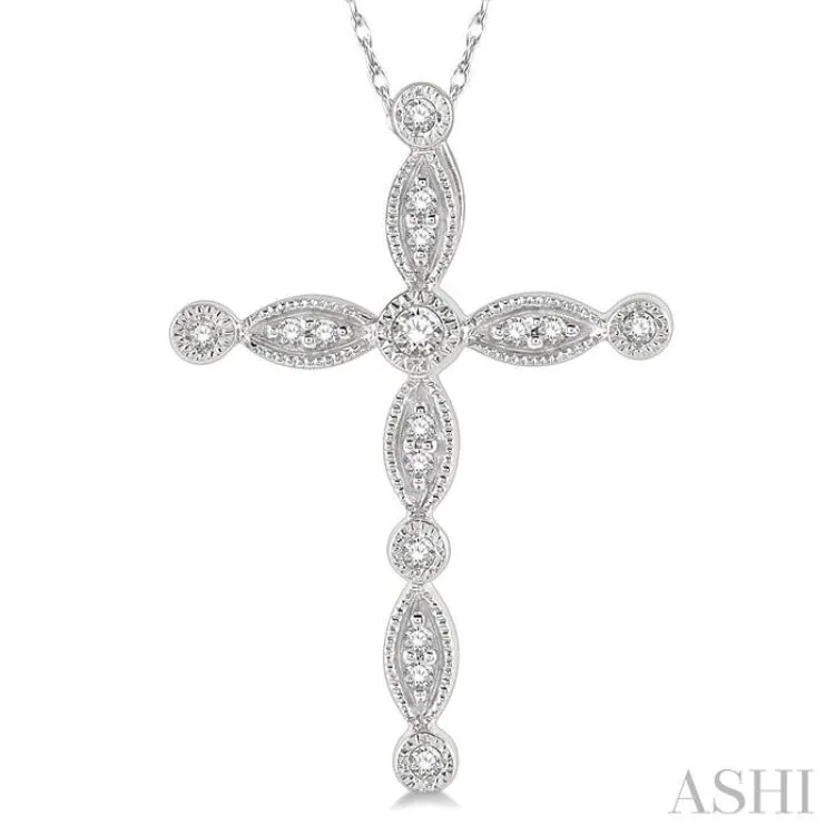 1/10 ctw Marquise & Circular Mount Cross Charm Round Cut Diamond Pendant With Chain in 10K White Gold