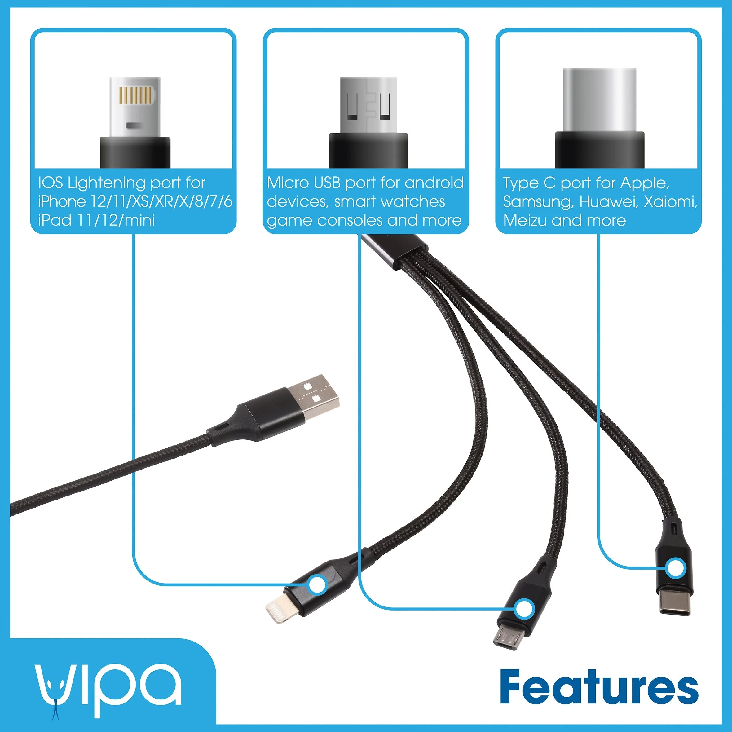 1.2M Braided 3 in 1 Charging Cable