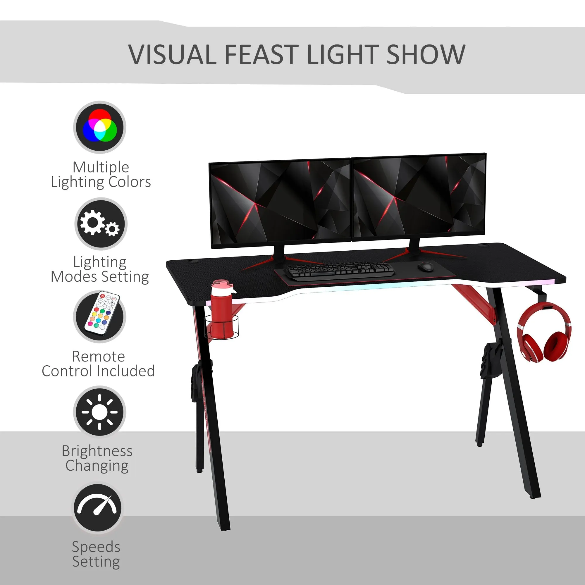 1.2m Gaming Desk Racing Style Computer Table with RGB Light Cup Holder Headphone Hook Cable Management for Study Workstation