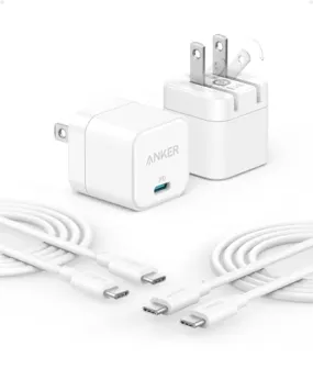 2 Pack Anker USB C Charger with USB C Cable, 20W USB C Charger Block for iPhone 16/15 and More Series, Galaxy, Pixel, iPad (2 Pack & 2 Cable)