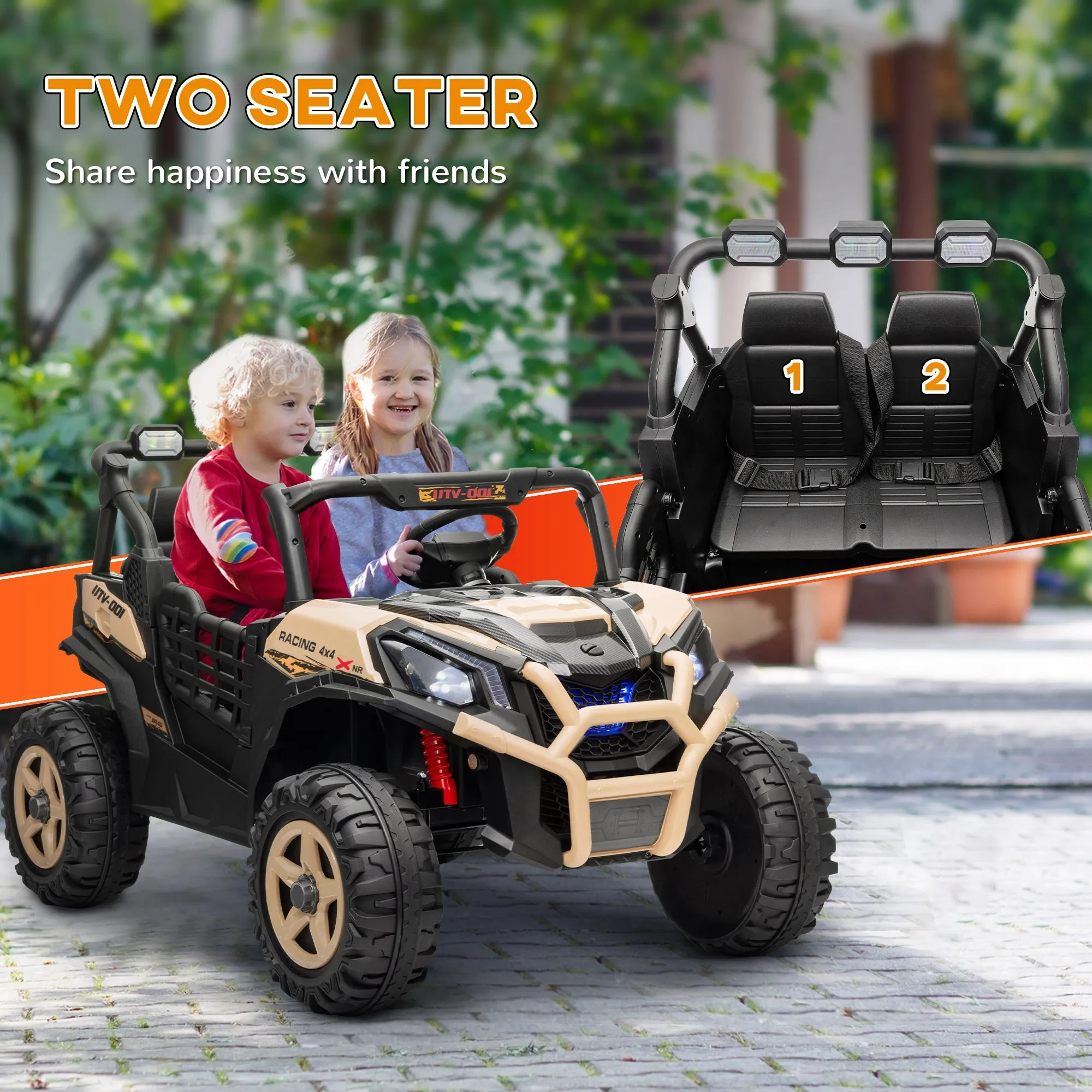 2 Seater 24V Kids Electric Car w/ Remote Control, Khaki