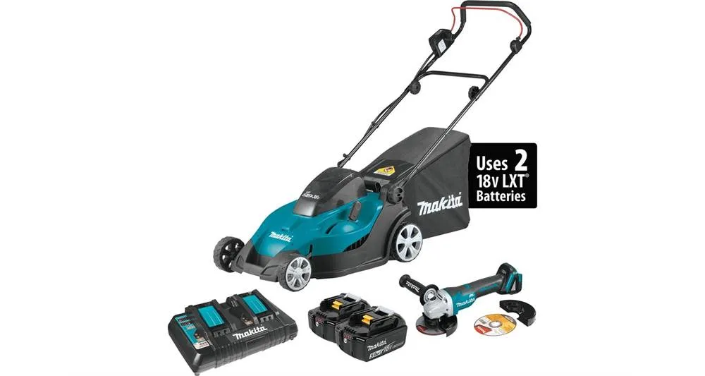 2020 Makita 18V X2 (36V) LXT® 17" Lawn Mower Kit and Brushless Angle Grinder (XML02PTX1)