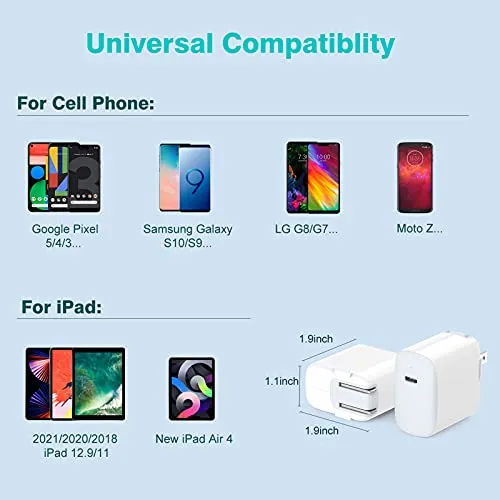 20W USB C Charger for iPad Pro 12.9/11 inch 2021 2020 2018, iPad Mini 6, iPad Air 4, Google Pixel 6 6Pro 5 4 3 2 XL 3A 4A, LG, Galaxy, Fast Power Adapter Block, Wall Plug, Foldable, LED, 6.6ft Cable