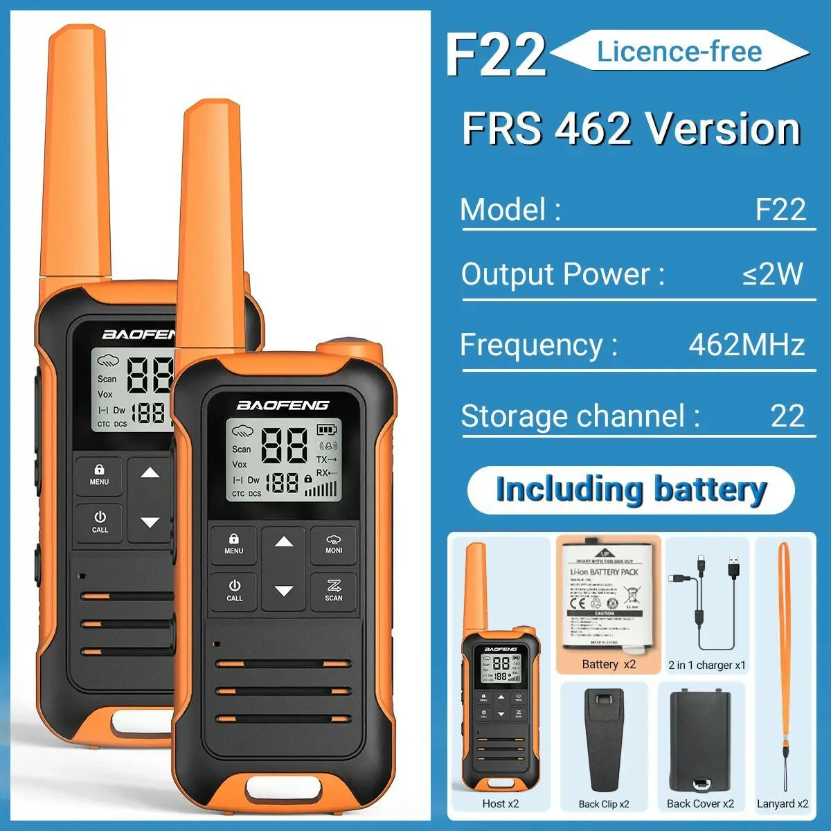 2Pcs Baofeng F22 PMR446 FRS Mini Walkie Talkie Licence-free Portable VOX Type-C Charger Long Range 2-Way Radio for Camping Hotel