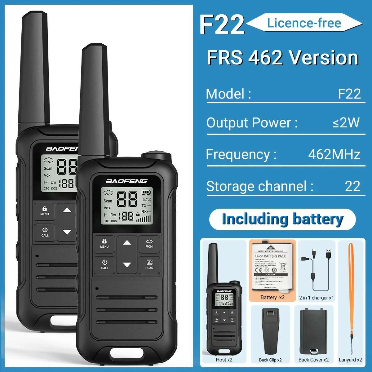 2Pcs Baofeng F22 PMR446 FRS Mini Walkie Talkie Licence-free Portable VOX Type-C Charger Long Range 2-Way Radio for Camping Hotel