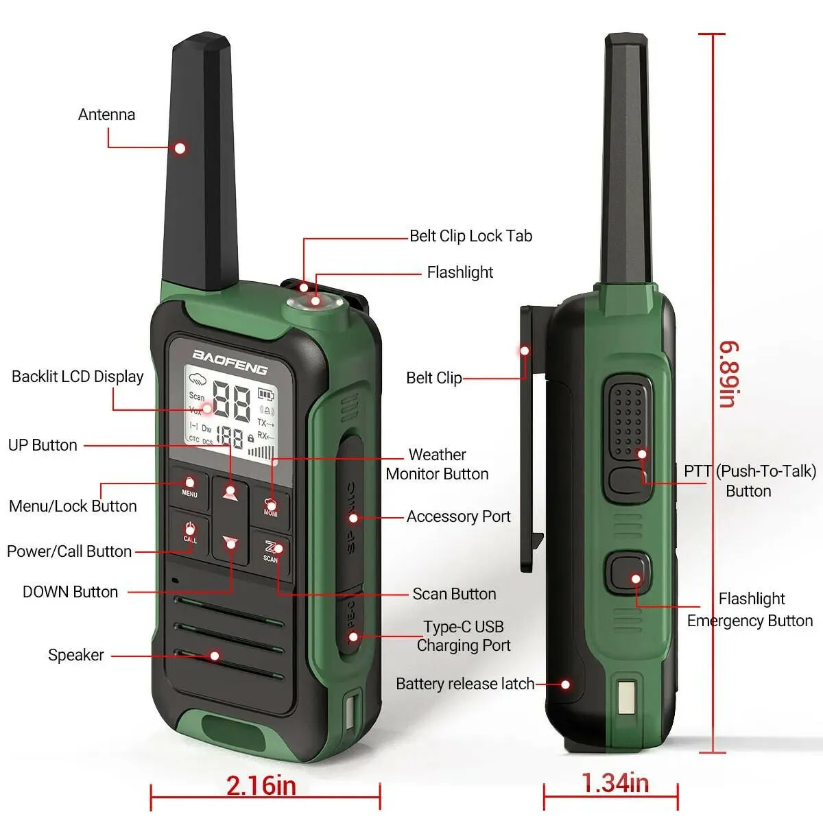 2Pcs Baofeng F22 PMR446 FRS Mini Walkie Talkie Licence-free Portable VOX Type-C Charger Long Range 2-Way Radio for Camping Hotel