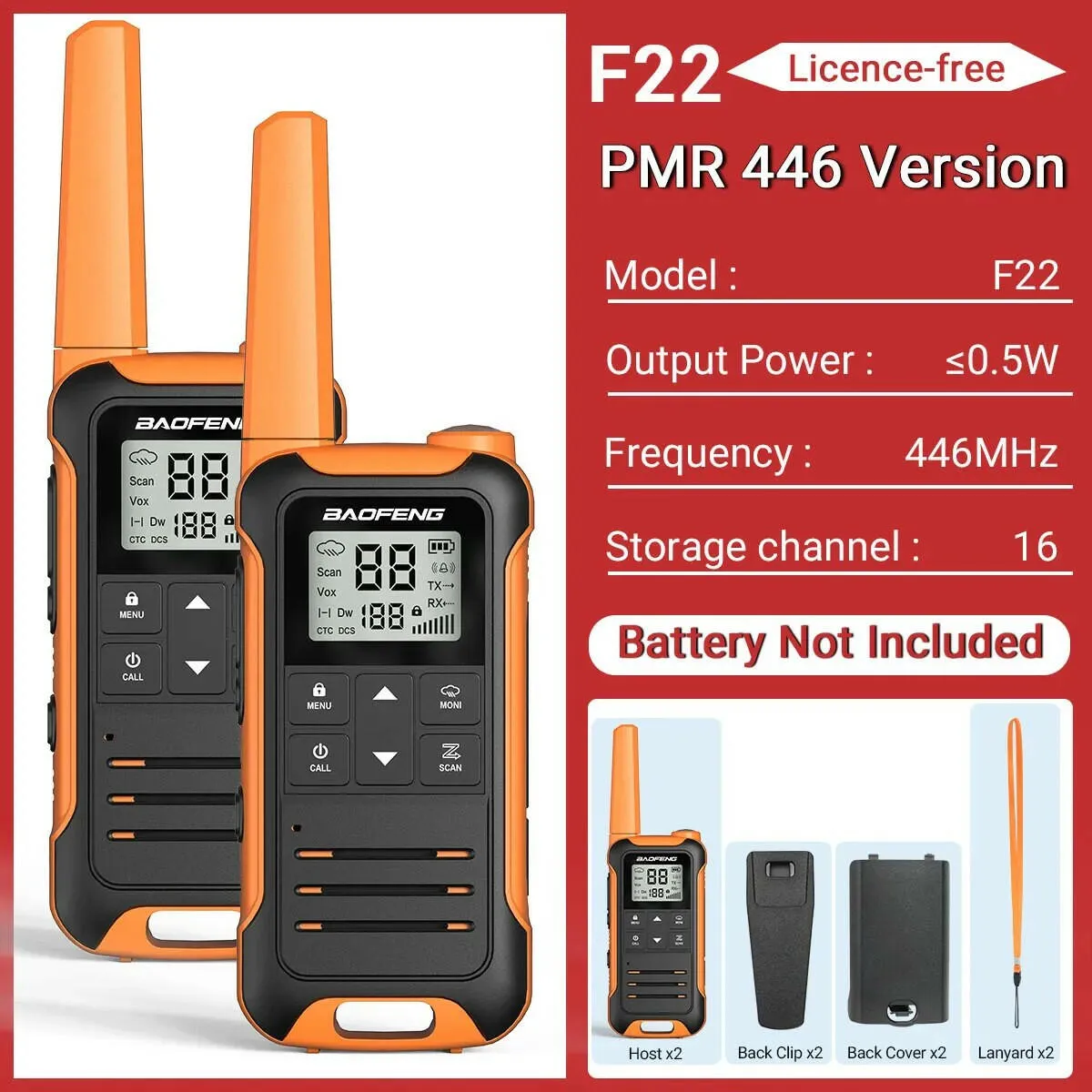 2Pcs Baofeng F22 PMR446 FRS Mini Walkie Talkie Licence-free Portable VOX Type-C Charger Long Range 2-Way Radio for Camping Hotel