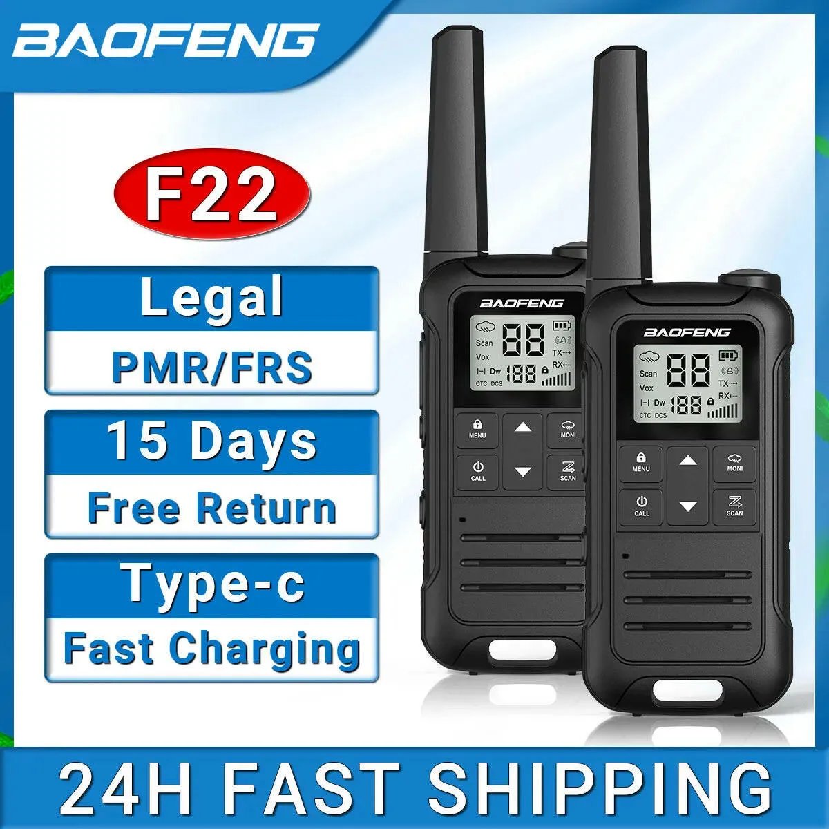 2Pcs Baofeng F22 PMR446 FRS Mini Walkie Talkie Licence-free Portable VOX Type-C Charger Long Range 2-Way Radio for Camping Hotel