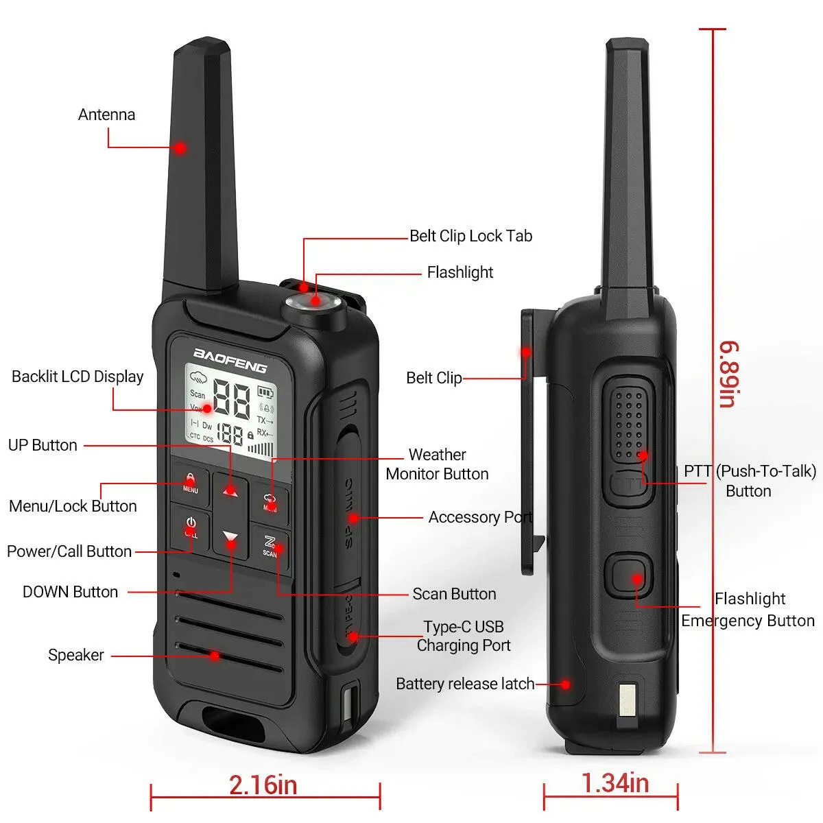 2Pcs Baofeng F22 PMR446 FRS Mini Walkie Talkie Licence-free Portable VOX Type-C Charger Long Range 2-Way Radio for Camping Hotel