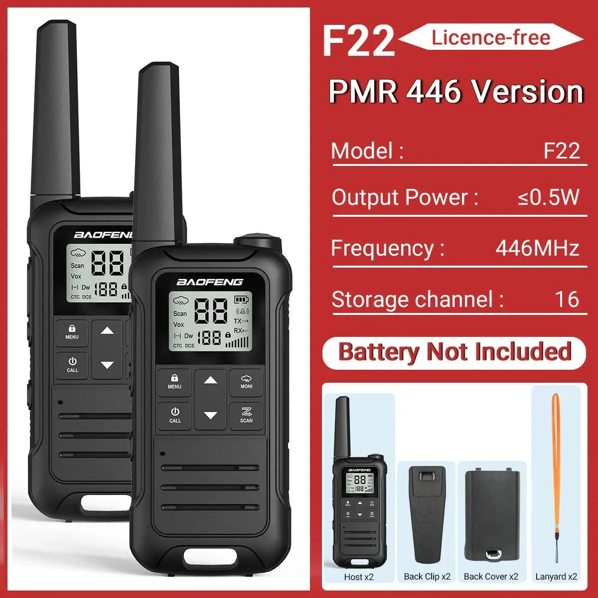 2Pcs Baofeng F22 PMR446 FRS Mini Walkie Talkie Licence-free Portable VOX Type-C Charger Long Range 2-Way Radio for Camping Hotel