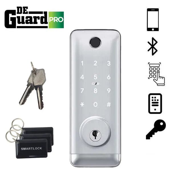 3 x DeGuard Pro - Premium Electronic Keyless Entry Smart Deadbolt - T1B - Bluetooth / Fingerprint / RFID / Wi-Fi - IP55 - Silver (Bundle of 3)