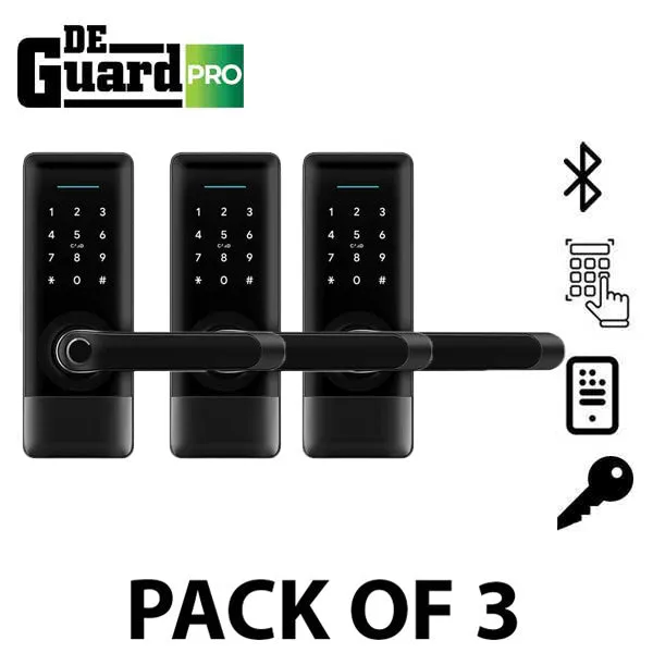 3 x DeGuard Pro - Premium Electronic Keyless Entry Smart Lever Set - H1B - Hotel / Multifamily - Bluetooth / Fingerprint / RFID / Wi-Fi - IP55 - Black (Pack of 3)