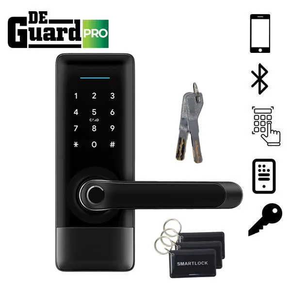 3 x DeGuard Pro - Premium Electronic Keyless Entry Smart Lever Set - H1B - Hotel / Multifamily - Bluetooth / Fingerprint / RFID / Wi-Fi - IP55 - Black (Pack of 3)