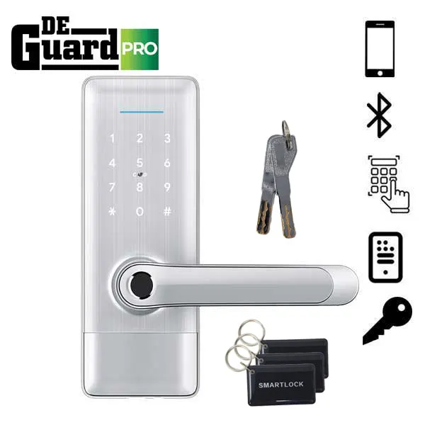 3 x DeGuard Pro - Premium Electronic Keyless Entry Smart Lever Set - H1B - Hotel / Multifamily - Bluetooth / Fingerprint / RFID / Wi-Fi - IP55 - Silver (Bundle of 3)