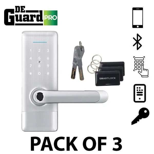 3 x DeGuard Pro - Premium Electronic Keyless Entry Smart Lever Set - H1B - Hotel / Multifamily - Bluetooth / Fingerprint / RFID / Wi-Fi - IP55 - Silver (Bundle of 3)