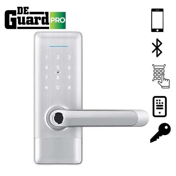 3 x DeGuard Pro - Premium Electronic Keyless Entry Smart Lever Set - H1B - Hotel / Multifamily - Bluetooth / Fingerprint / RFID / Wi-Fi - IP55 - Silver (Bundle of 3)