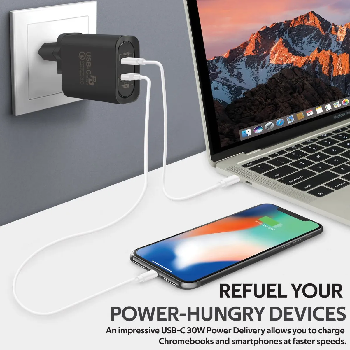 36W Super Speed Wall Charger with USB-C Power Delivery and Quick Charge 3.0