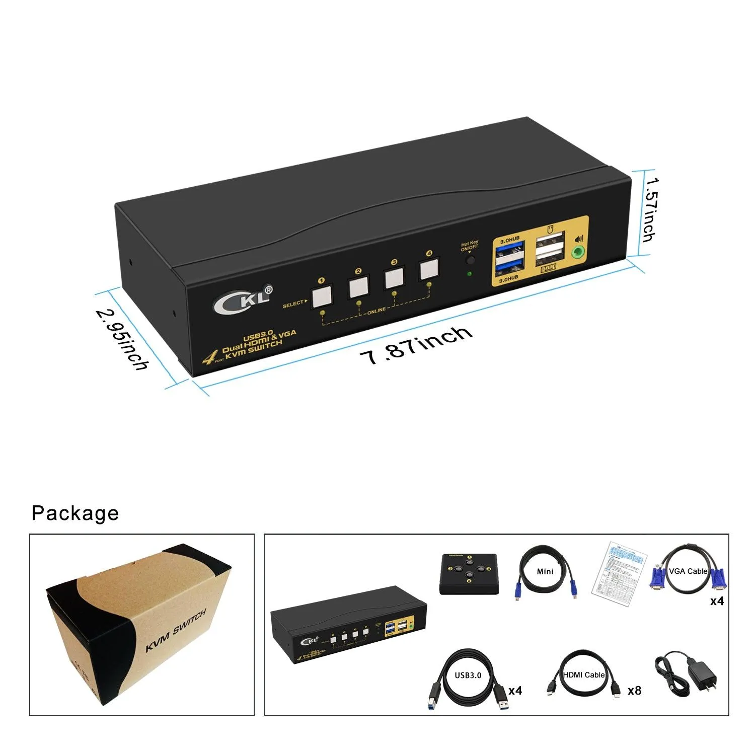 4 Port USB 3.0 HDMI VGA  KVM Switch Dual Monitor 4K 60Hz CKL-942HV-3