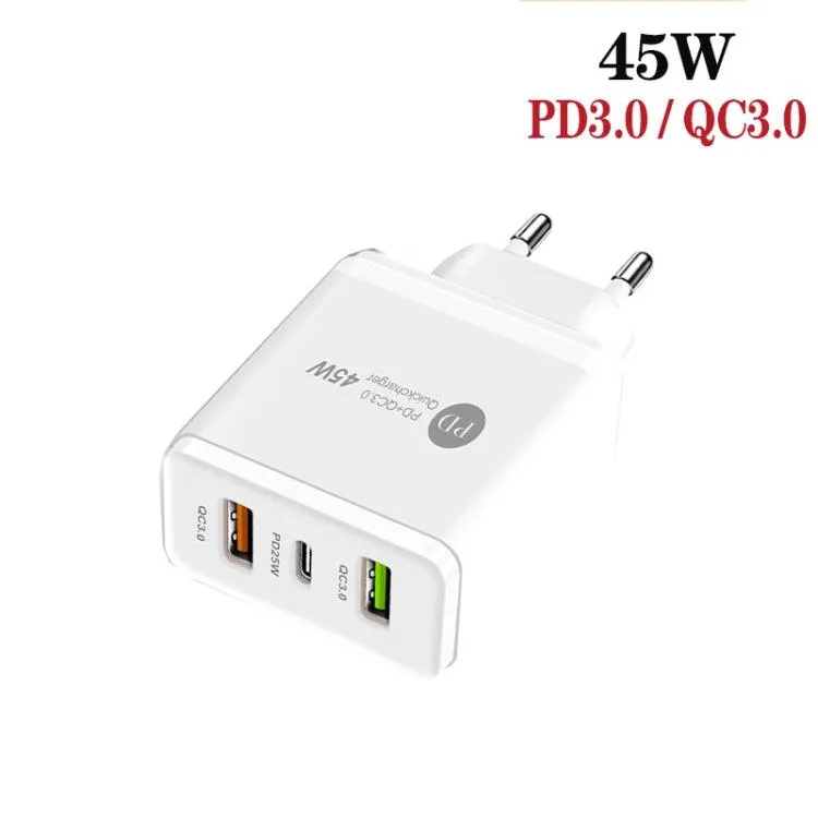 45W USB Multi-Port Charger with PD 3.0 and QC 3.0, Includes Type-C to Type-C Cable, EU Plug