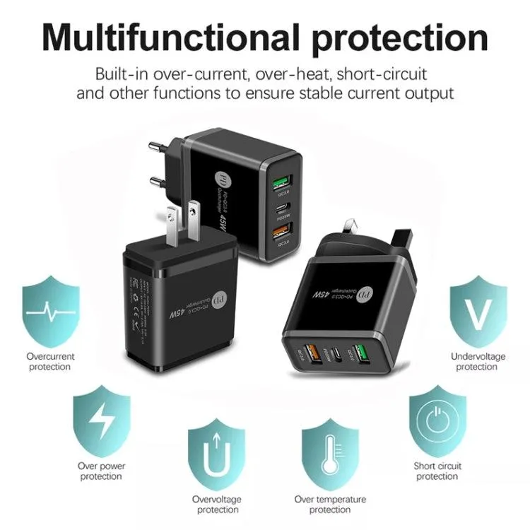 45W USB Multi-Port Charger with PD 3.0 and QC 3.0, Includes Type-C to Type-C Cable, EU Plug