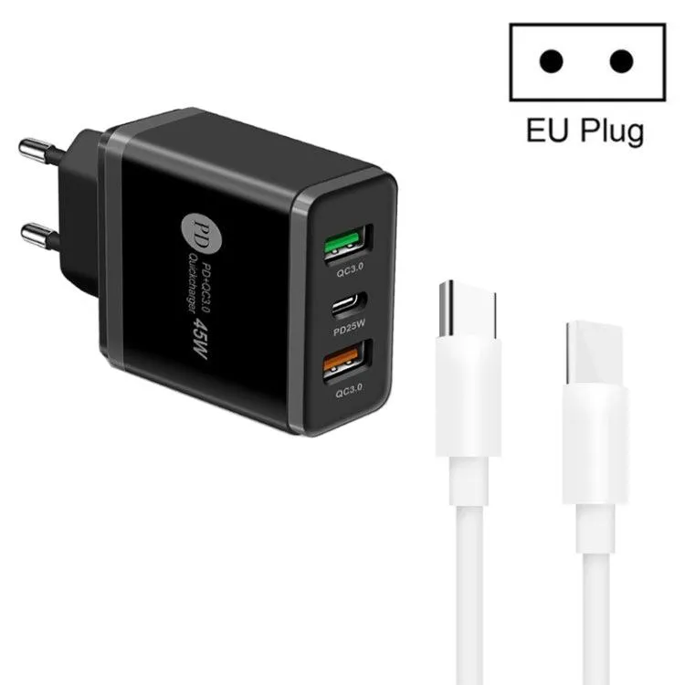 45W USB Multi-Port Charger with PD 3.0 and QC 3.0, Includes Type-C to Type-C Cable, EU Plug