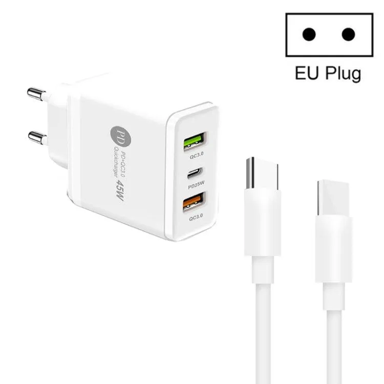 45W USB Multi-Port Charger with PD 3.0 and QC 3.0, Includes Type-C to Type-C Cable, EU Plug