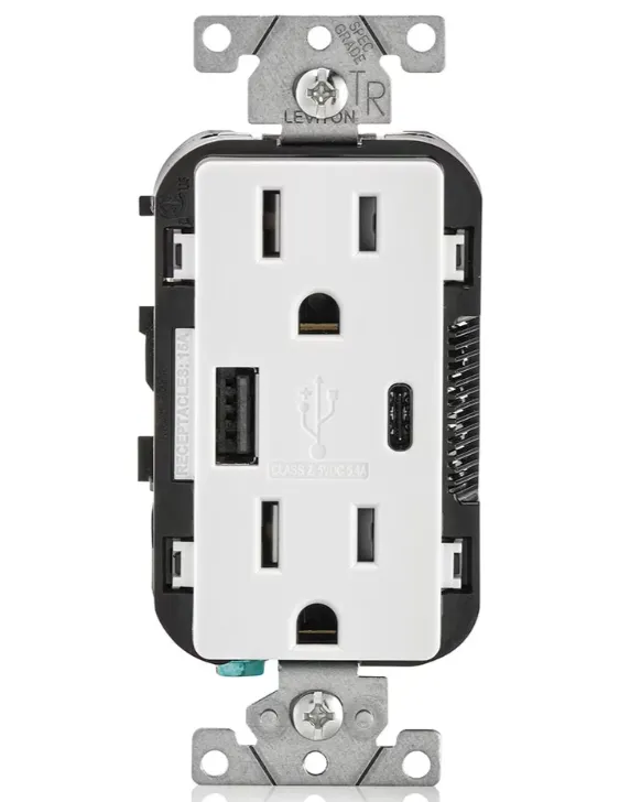 5.1A USB Type A/C Wall Outlet Charger with 15A Tamper-Resistant Receptacle - Smart Chip, Dual High-Powered Ports, Enhanced Safety, White