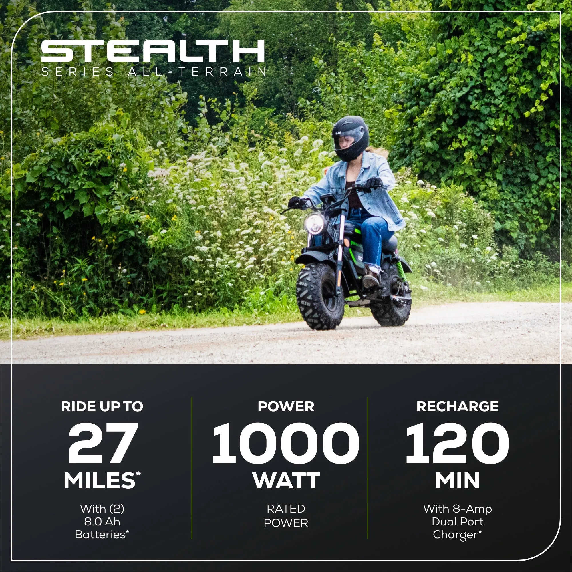 80V STEALTH Series Electric Mini-Bike w/ (2) 8.0Ah Batteries & Dual-Port Rapid Charger