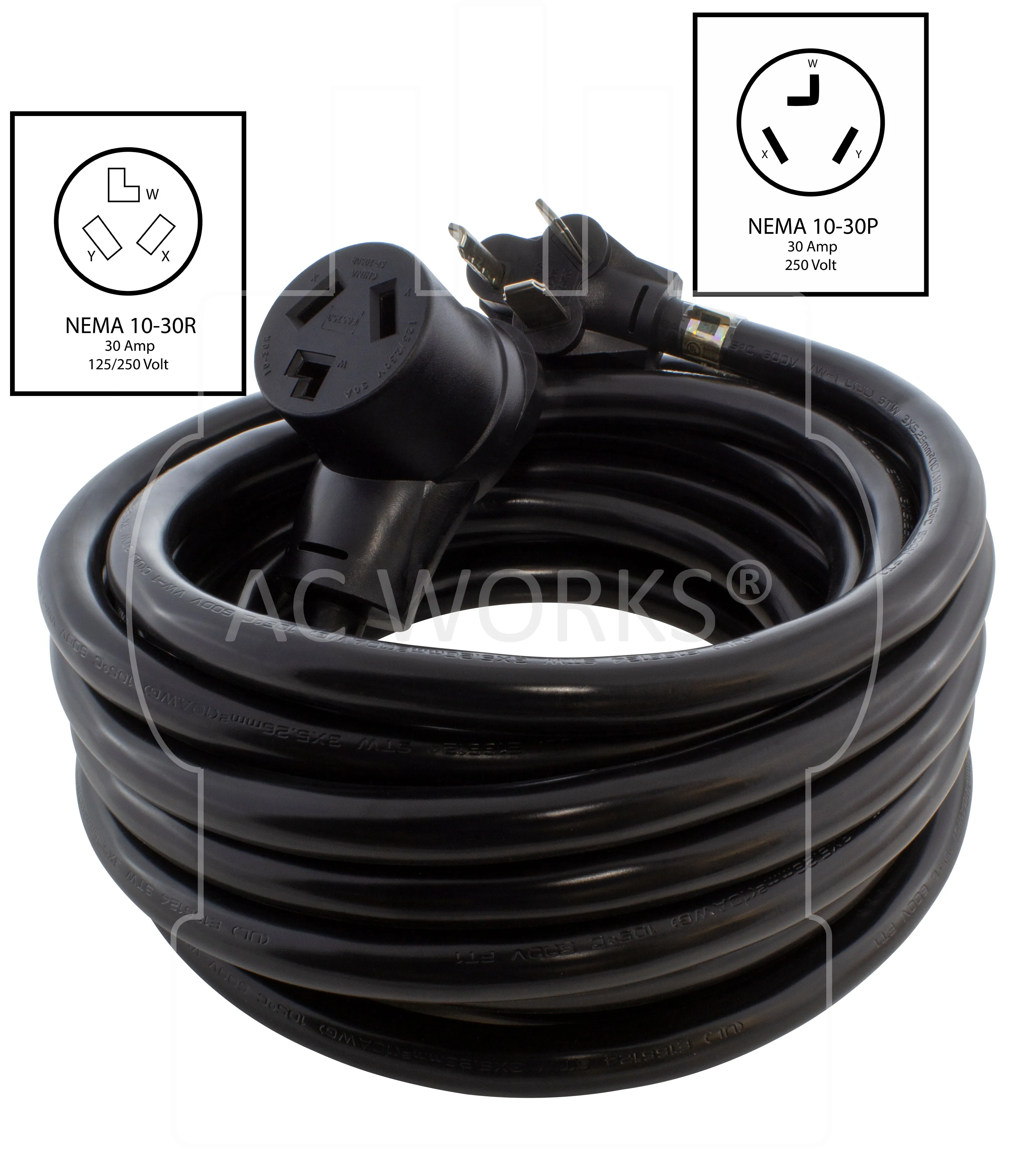 AC WORKS® [1030PR] 30A 250V NEMA 10-30 3-Prong Dryer Heavy-Duty STW 10/3 Extension Cord