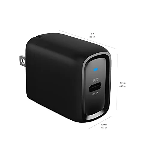 Amazon Basics 30W One-Port GaN USB-C Wall Charger with Power Delivery PD for Tablets & Phones