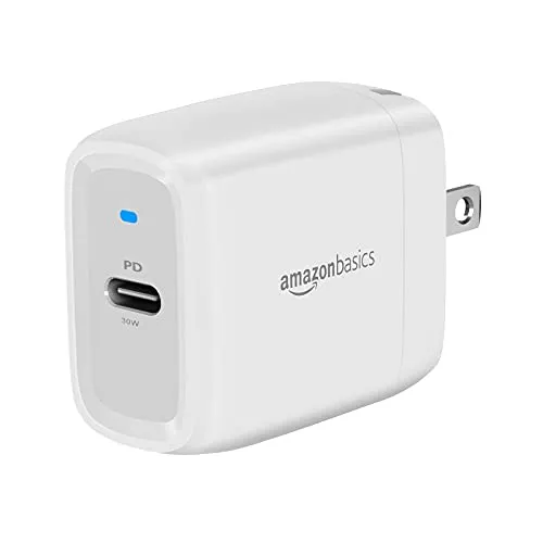 Amazon Basics 30W One-Port GaN USB-C Wall Charger with Power Delivery PD for Tablets & Phones