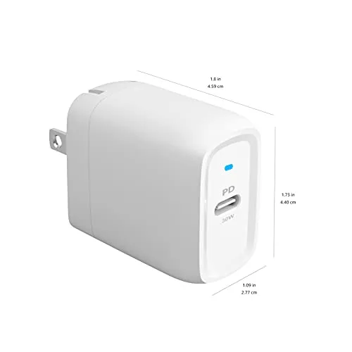 Amazon Basics 30W One-Port GaN USB-C Wall Charger with Power Delivery PD for Tablets & Phones