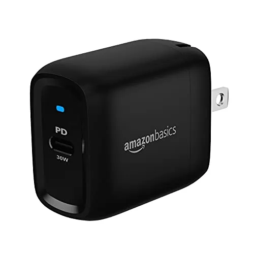 Amazon Basics 30W One-Port GaN USB-C Wall Charger with Power Delivery PD for Tablets & Phones