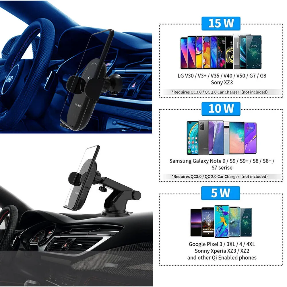 Automatic Clamping 15W Wireless Car Fast Charger Mount 2in1 Car Phone Holder