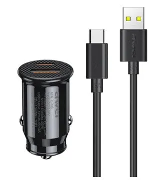 Awei 20W Car Charger  Usb Type C Data Cable Ultra Fast Charging Quick Charger 3.0 & Pd 20W