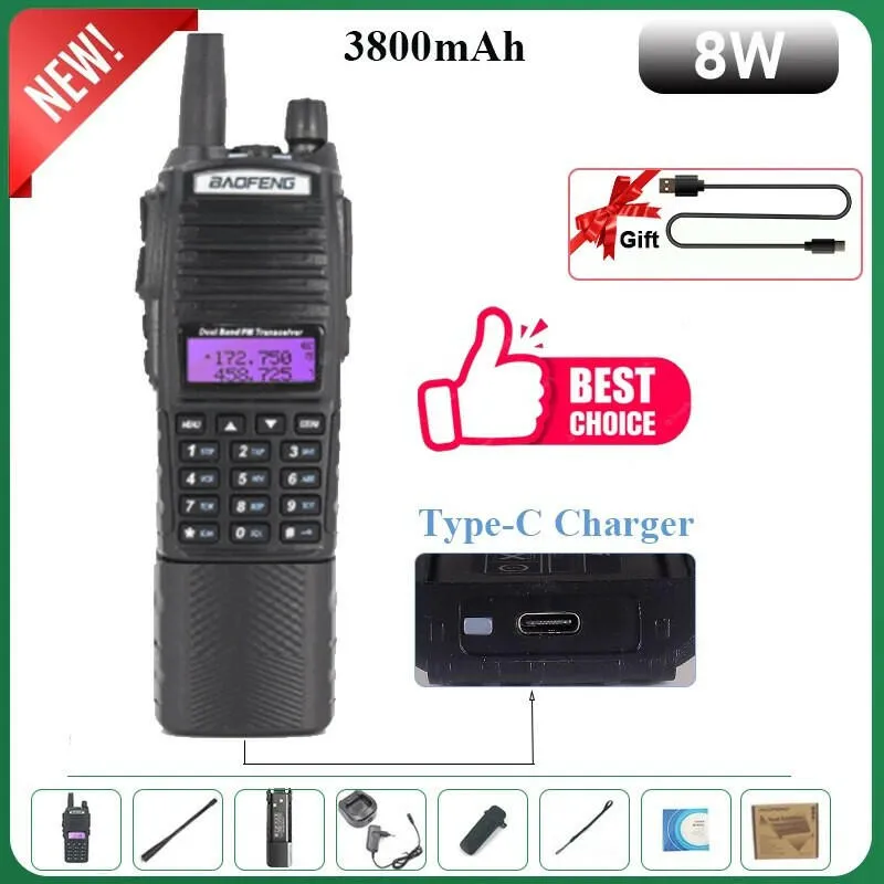 Baofeng UV-82 Walkie Talkie 8W 1PCS 2PCS FM Radio Type C Battery Optional Comunicado Radio For Hunting CB Ham Radios UV-5R UV-16