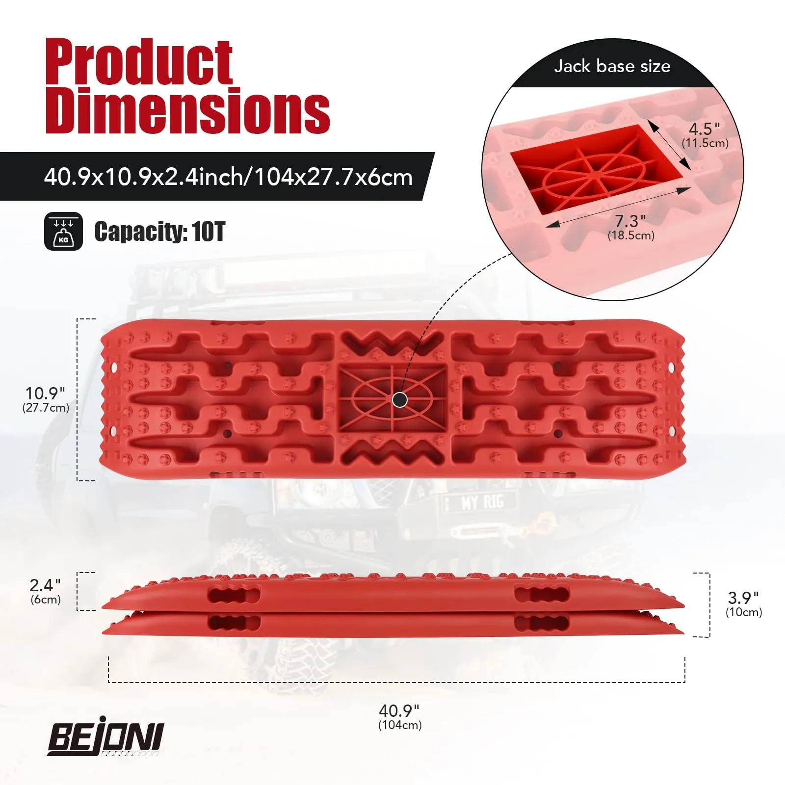 BEJONI 2PCS Recovery Traction Boards with Jack Lift Base, Recovery Boards Mount for Sand Snow Mud 4WD, Traction Tire Mat Recovery Ramp for Truck SUV, ATV, UTV, Red