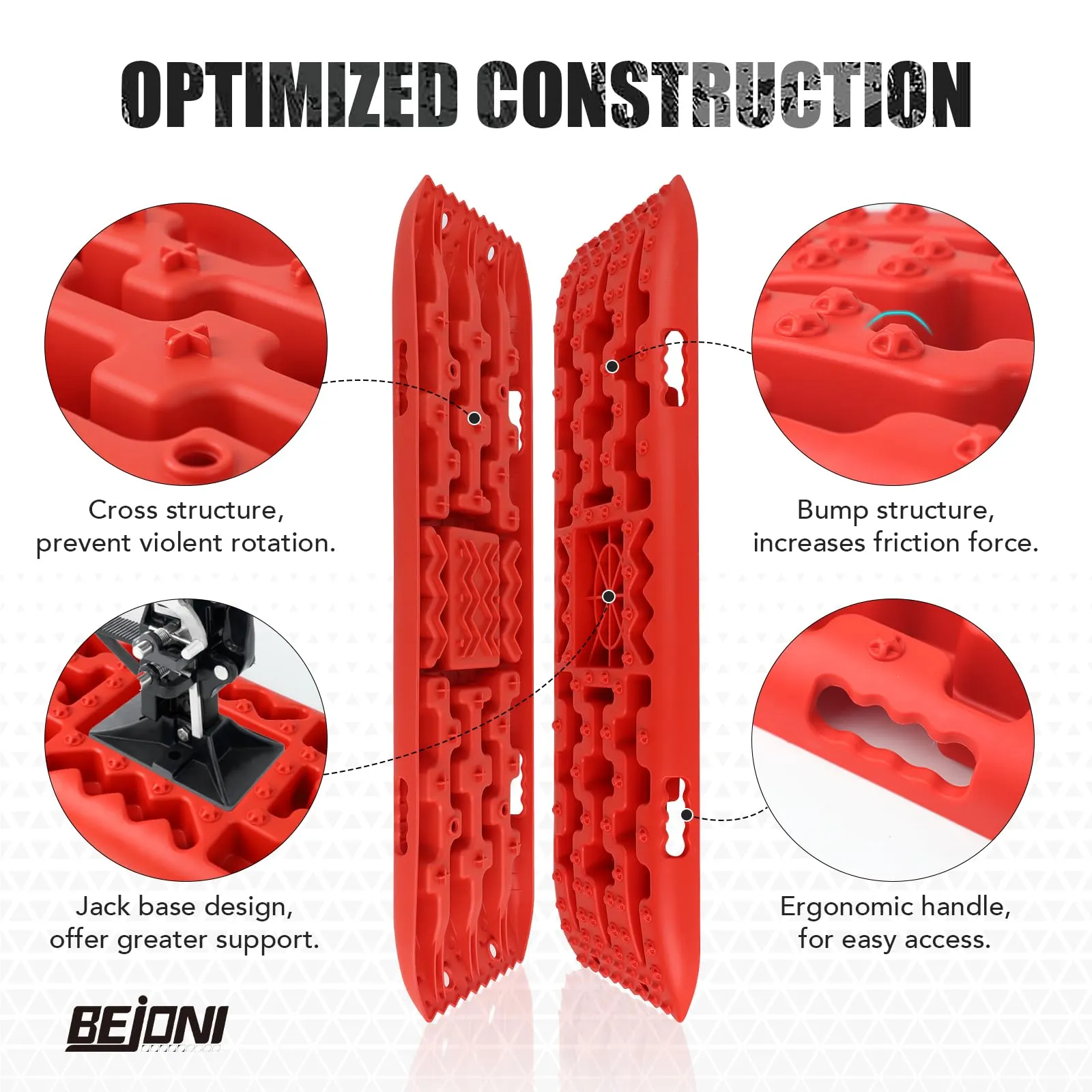 BEJONI 2PCS Recovery Traction Boards with Jack Lift Base, Recovery Boards Mount for Sand Snow Mud 4WD, Traction Tire Mat Recovery Ramp for Truck SUV, ATV, UTV, Red