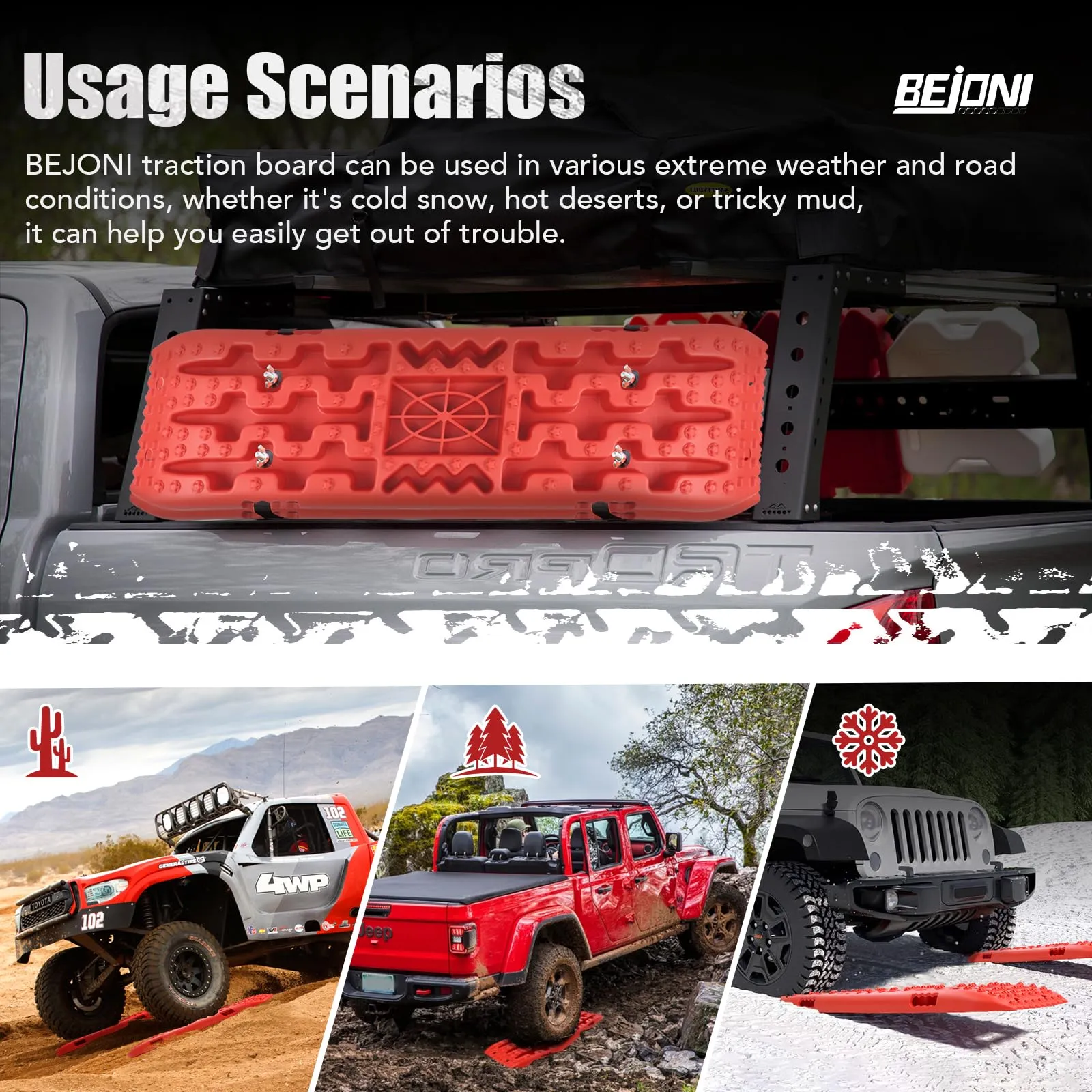 BEJONI 2PCS Recovery Traction Boards with Jack Lift Base, Recovery Boards Mount for Sand Snow Mud 4WD, Traction Tire Mat Recovery Ramp for Truck SUV, ATV, UTV, Red