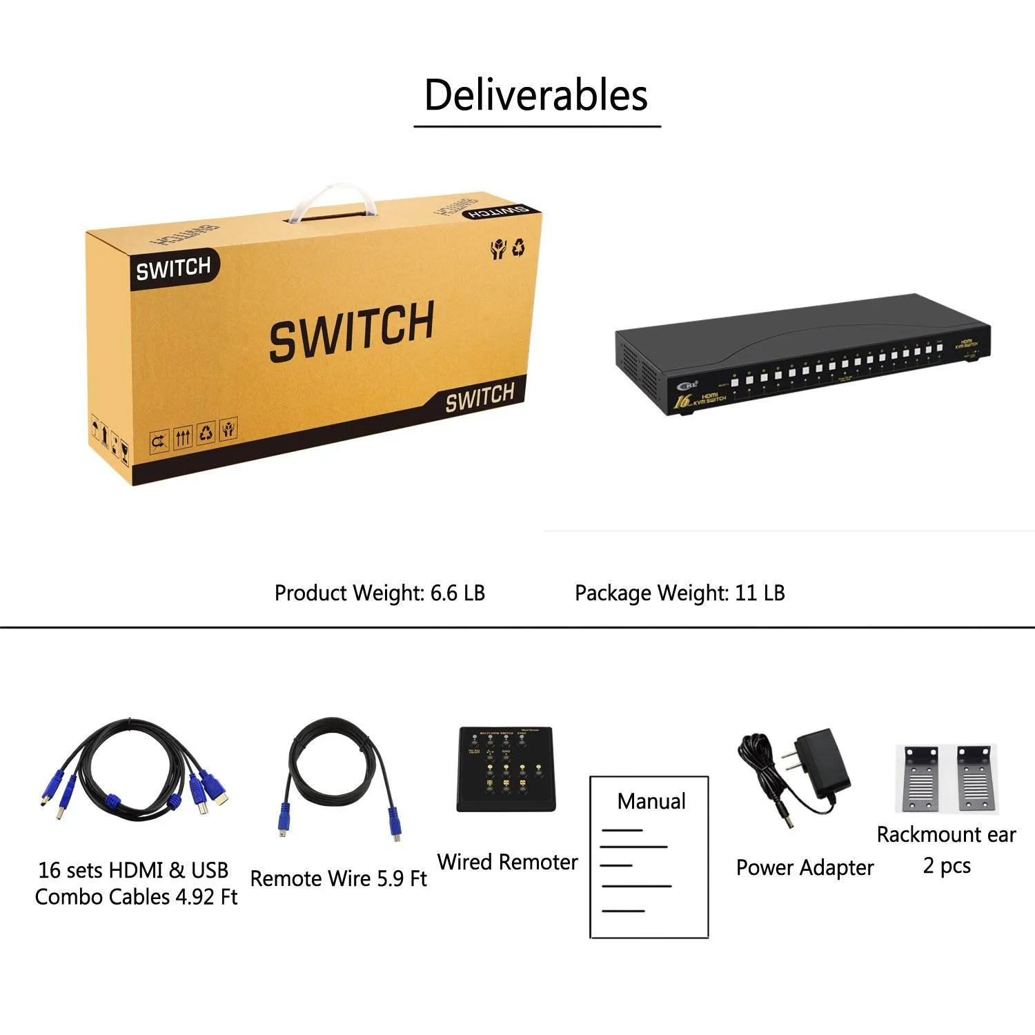 CKL HDMI KVM Switch 16 Port 4K 30Hz with USB 2.0 HUB and Cables 9116H-1