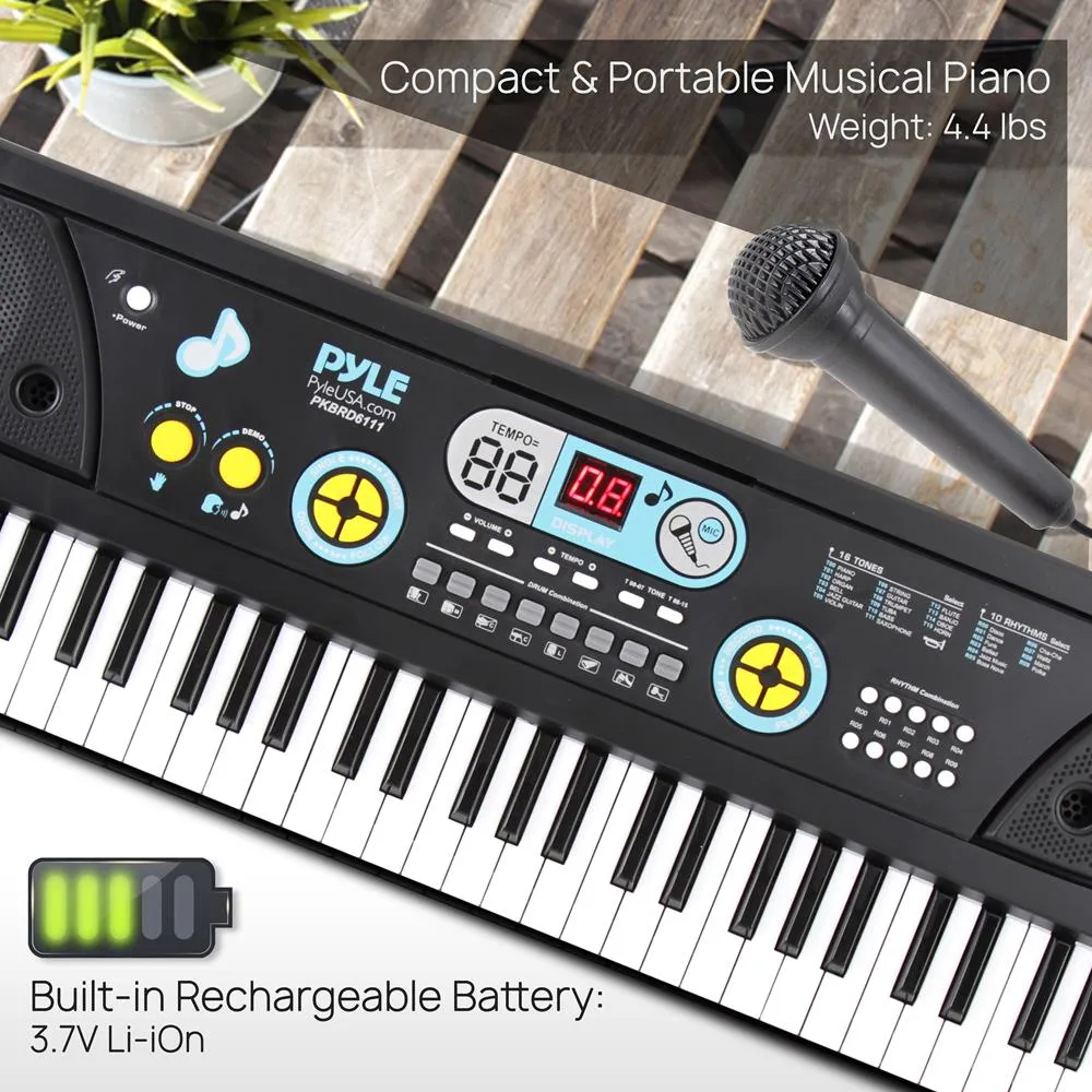 Digital Musical Karaoke Keyboard - Portable Electronic Piano Keyboard With Built-In Rechargeable Battery & Wired Microphone (61 Keys)