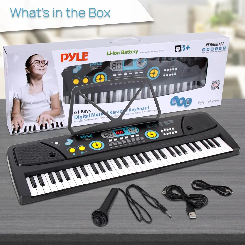 Digital Musical Karaoke Keyboard - Portable Electronic Piano Keyboard With Built-In Rechargeable Battery & Wired Microphone (61 Keys)