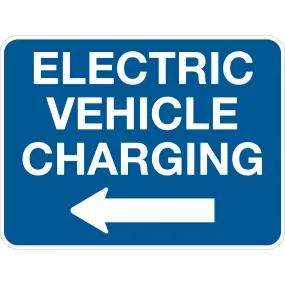 Electric Vehicle Charging Sign White Text on Blue Background with Left Pointing Arrow