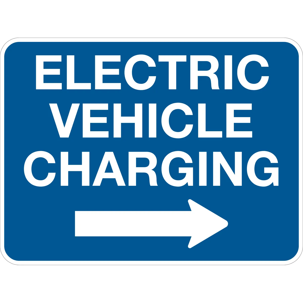 Electric Vehicle Charging Sign White Text on Blue Background with Right Pointing Arrow