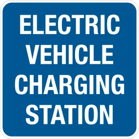 Electric Vehicle Charging Station Sign White Text on Blue Background