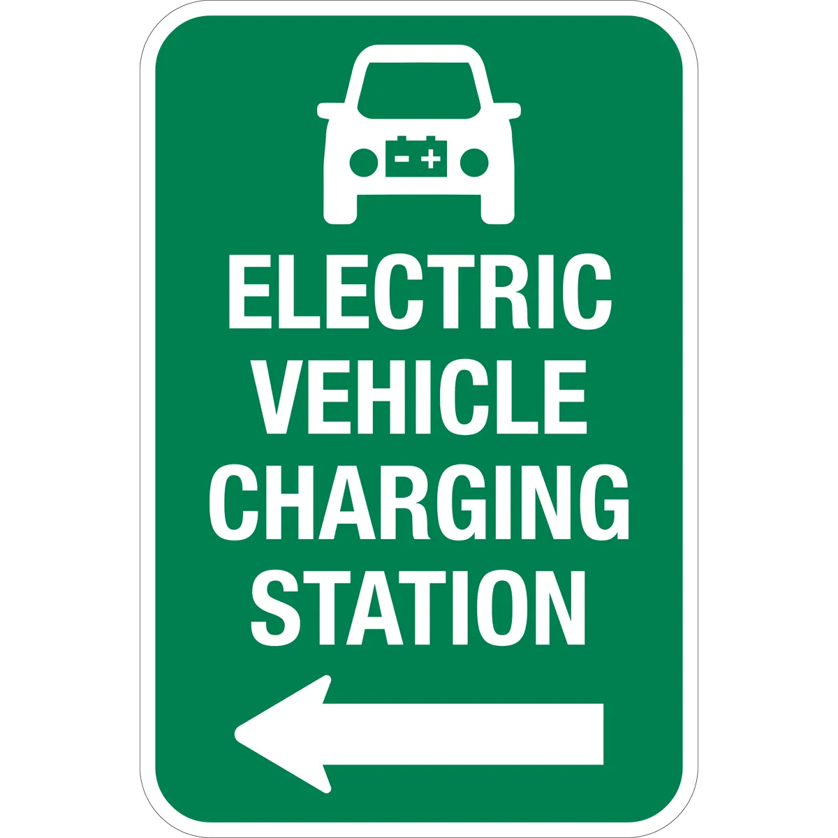 Electric Vehicle Charging Station Sign White Text on Green Background with Arrow Pointing Left