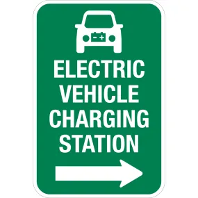 Electric Vehicle Charging Station Sign White Text on Green Background with Arrow Pointing Right