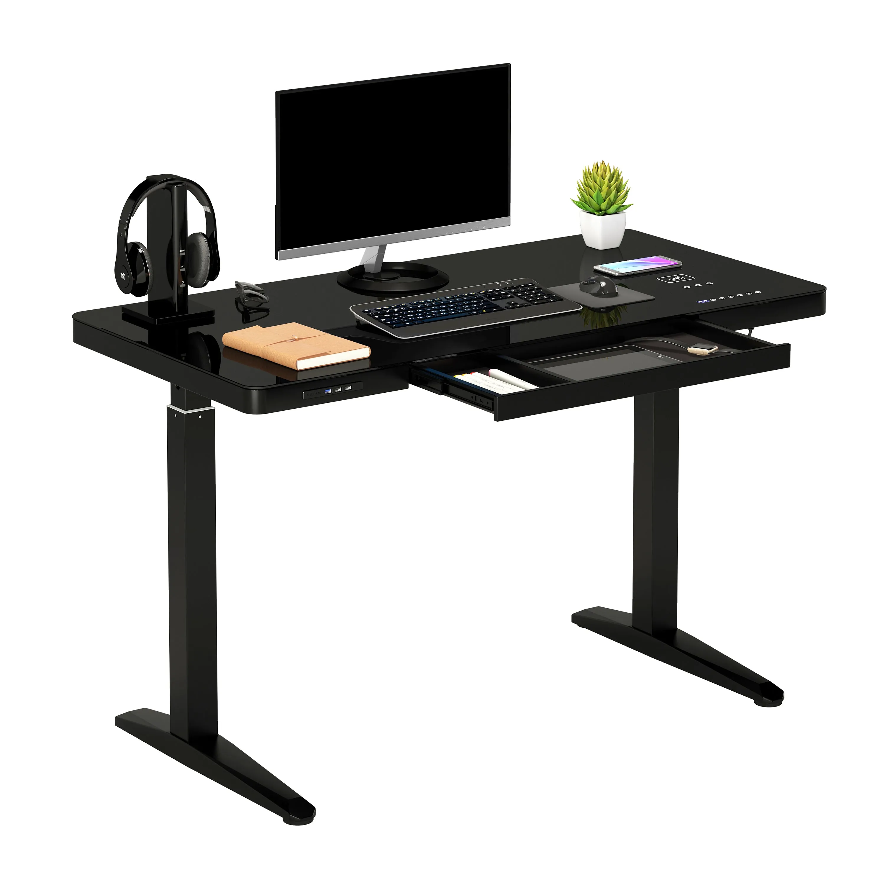 Electronic Glass Desk With Adjustable Height, Storage, Speaker, Wireless charging & USB