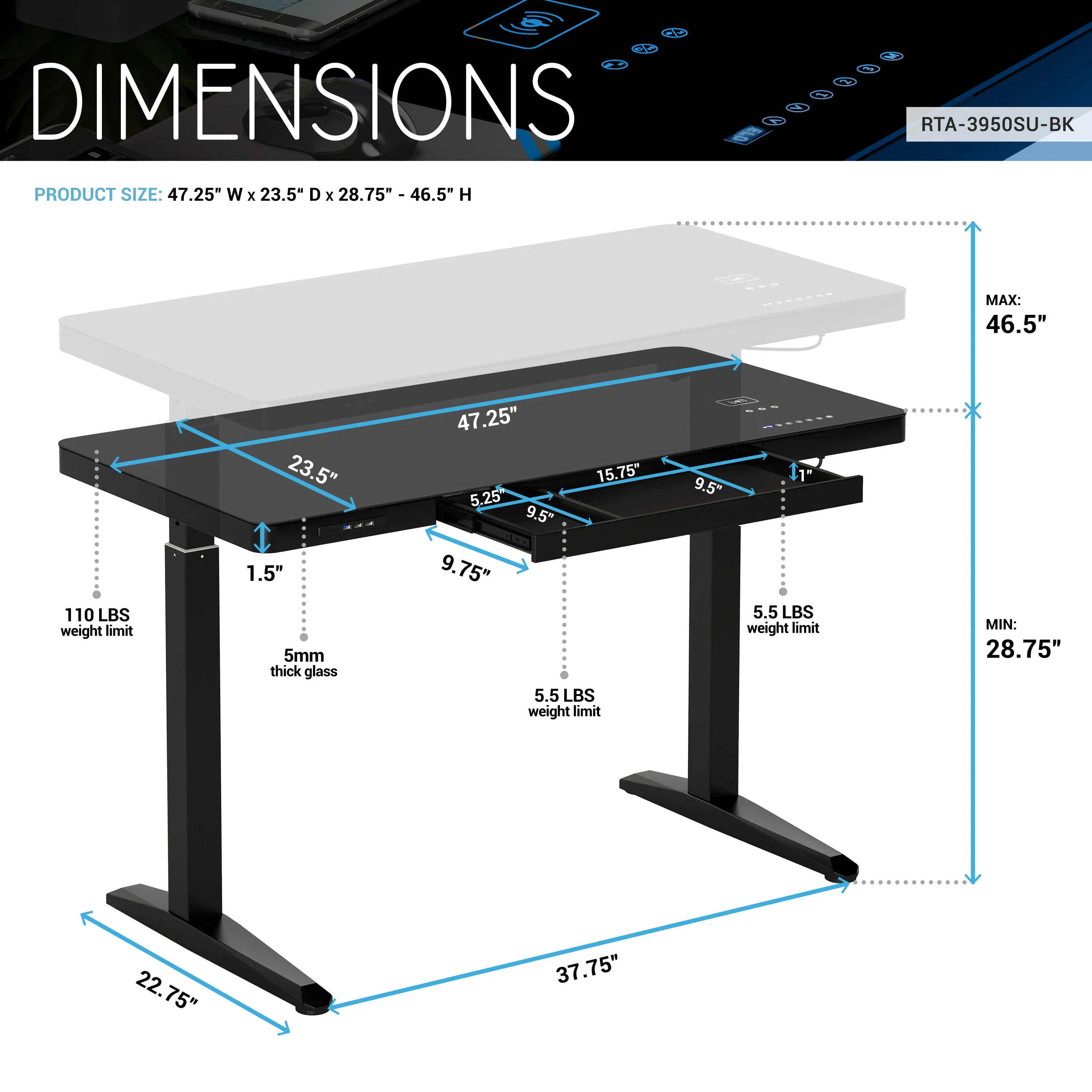 Electronic Glass Desk With Adjustable Height, Storage, Speaker, Wireless charging & USB